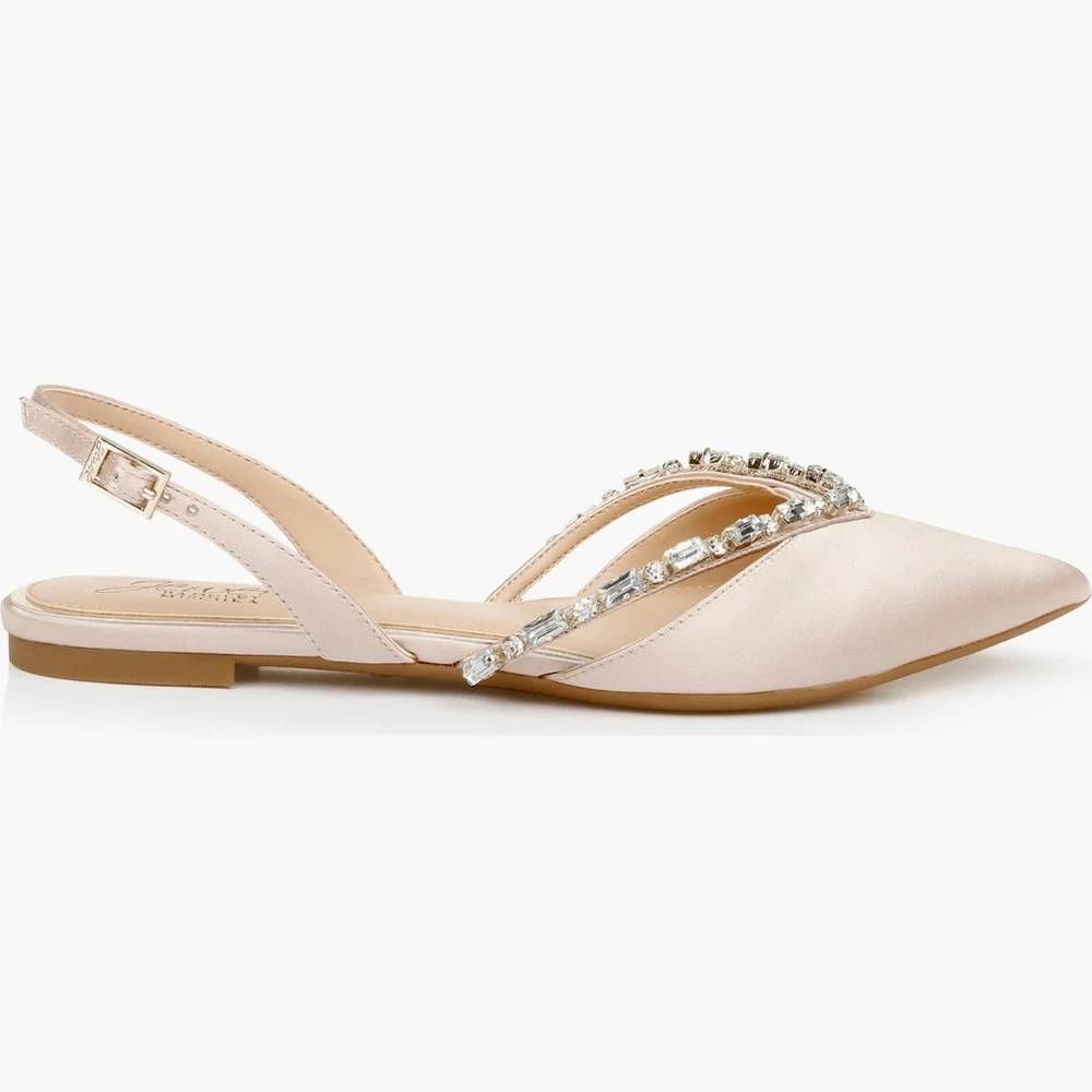 Jewel Badgley Mischka Satin Flats in Champagne with Crystal Embellishments - Picture 2 of 7